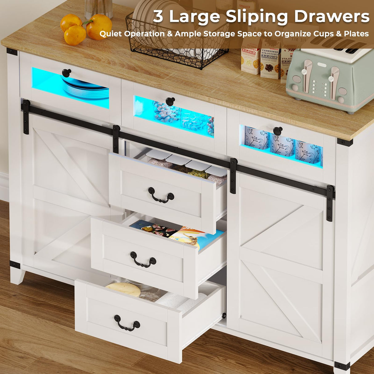 Tiptiper Buffet Sideboard Cabinet with Storage & LED Lights, 6 Drawers & 2 Sliding Barn Door, Farmhouse Buffet Table Coffee Bar Storage Cabinet for Dining Room, Living Room (White) Tiptiper