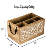 Mie Creations 4 Compartment Wooden Silverware Caddy Utensil Holder, Farmhouse Cutlery Flatware Organizer, Decorative Wood Caddy with Metal Handles for Kitchen Countertop, Picnic, Buffet Party- White Mie Creations