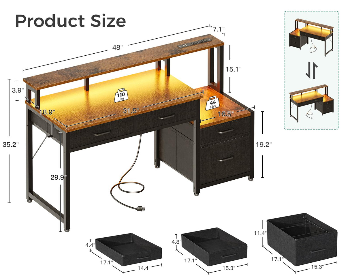 AODK 48-Inch Computer Desk with Fabric File Cabinet and Fabric Drawers, Reversible Office Desk with LED Strip and Power Strip, Gaming Desk with Monitor Riser, Writing/Study Table for Home, Vintage AODK