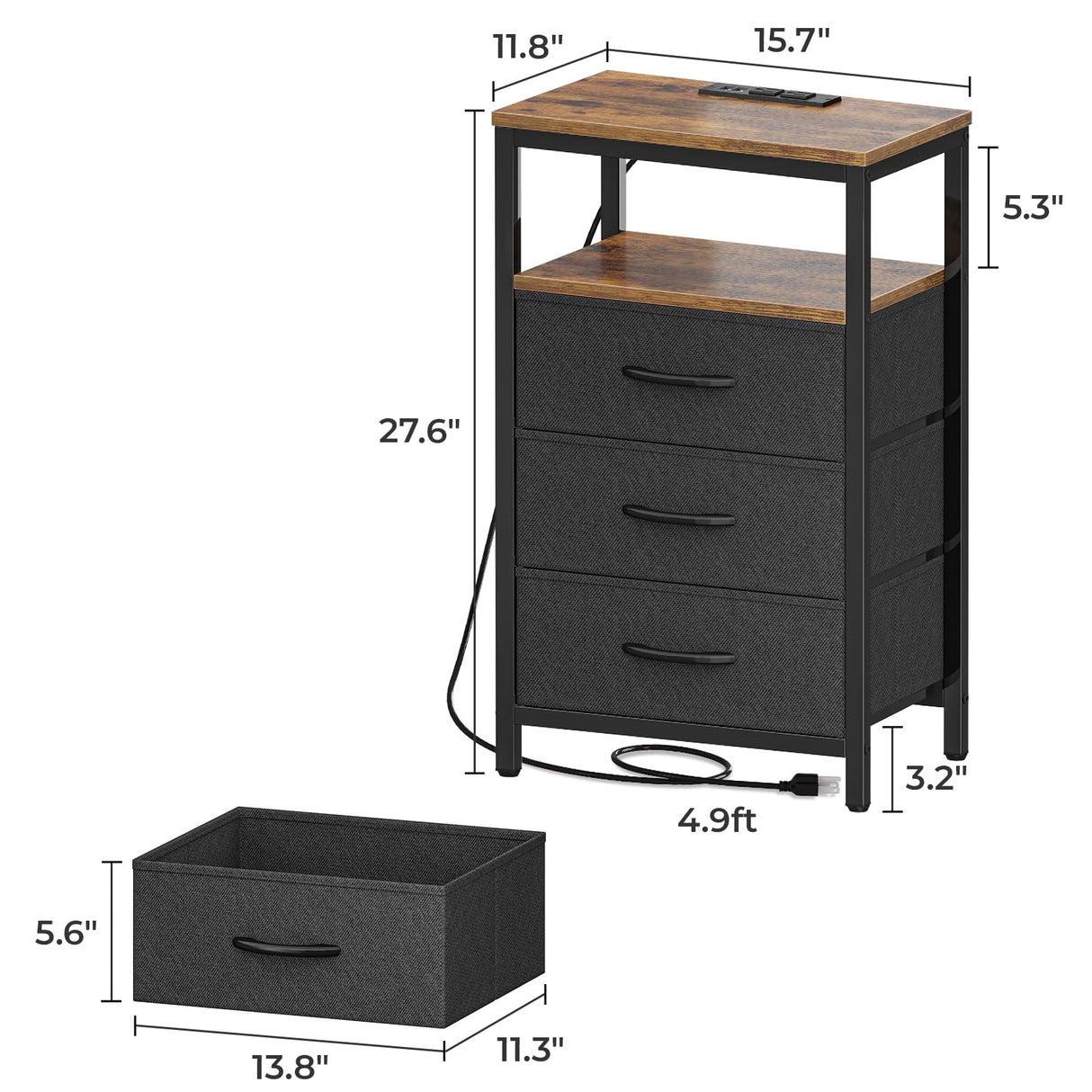 Huuger Nightstand with Charging Station, 27.6 Inch Side Table with Fabric Drawers, End Table Bedside Table with USB Ports and Outlets, Night Stand for Bedroom, Rustic Brown and Black Huuger