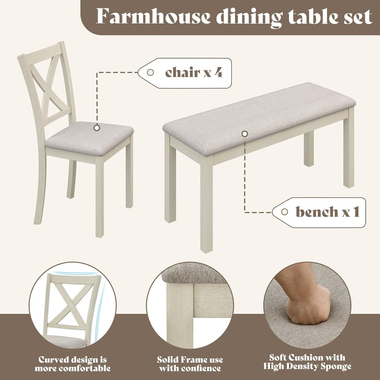 PLAUIN 6-Piece Farmhouse Dining Table Set - Solid Wood Table, 4 Chairs & Bench, Ergonomic, 71" Solid Wood Table, Table & Chair Sets for Dining Room, Kitchen, Living Room, Office PLAUIN