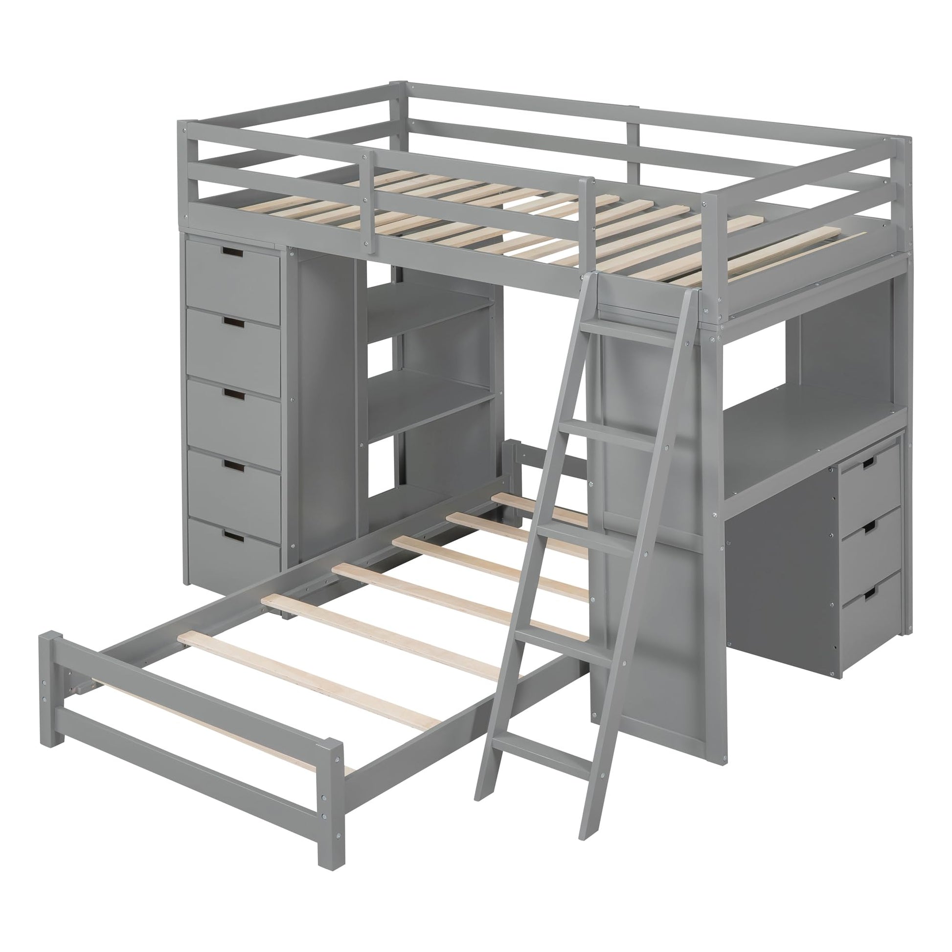 JIVOIT L-Shaped Twin Over Twin Bunk Bed with LED Light, USB Ports, Desk, Drawers, and Open Shelves in Gray - WoodArtSupply