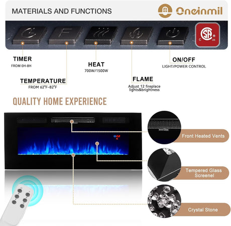 oneinmil 70" Fireplace TV Stand with Power Outlet for TVs Up to 80", Electric Fireplace Entertainment Center with LED Lights & Storage Cabinets, Media Console Table for Living Room, Black oneinmil