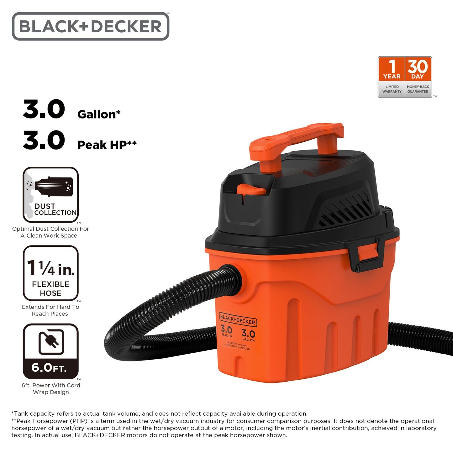 BLACK+DECKER Shop Vacuum Wet and Dry, 3 Gallon 3.0 Peak HP, 3-in-1 Portable Shop Vacuum with Accessories, Vacuum Cleaner for Home, Pet and Car(BDXV18910P-3) - WoodArtSupply