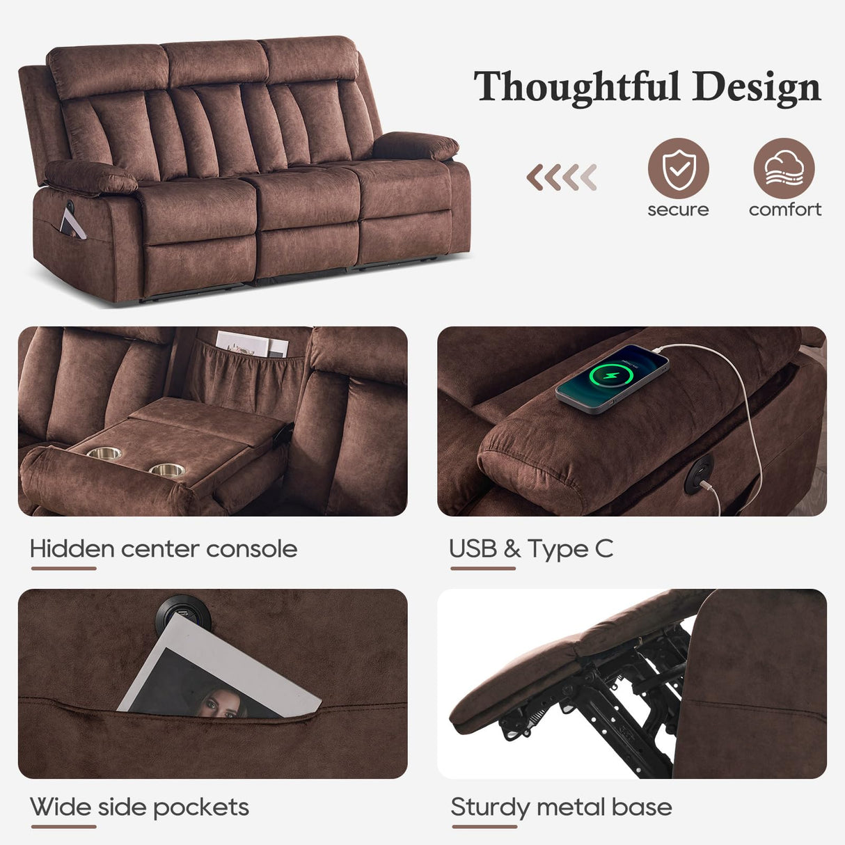 RIHEREFY Velvet Reclining Couch Set, Loveseat Recliner Sofa with Console, Cup Holder, USB & Type C, Massage & Heat, Modern Living Room Furniture, Brown, 82" W x 35.9" D x 42.5" H RIHEREFY