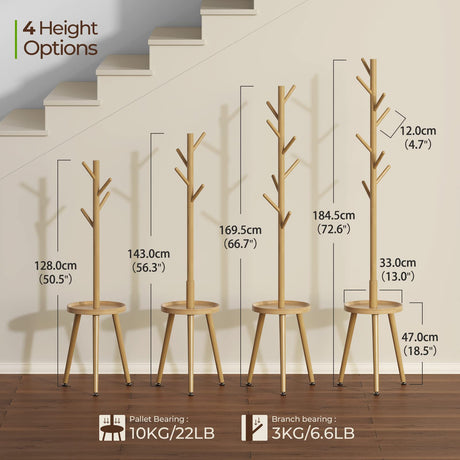 GREENSTELL Coat Rack with 8 Hooks, Wooden Coat Rack Freestanding with Shelf, Coat Tree with 4 Height Options 50.5"-72.6", Coat Hanger Stand for Bags, Clothes, Umbrellas, Hats, in Home, Natural GREENSTELL