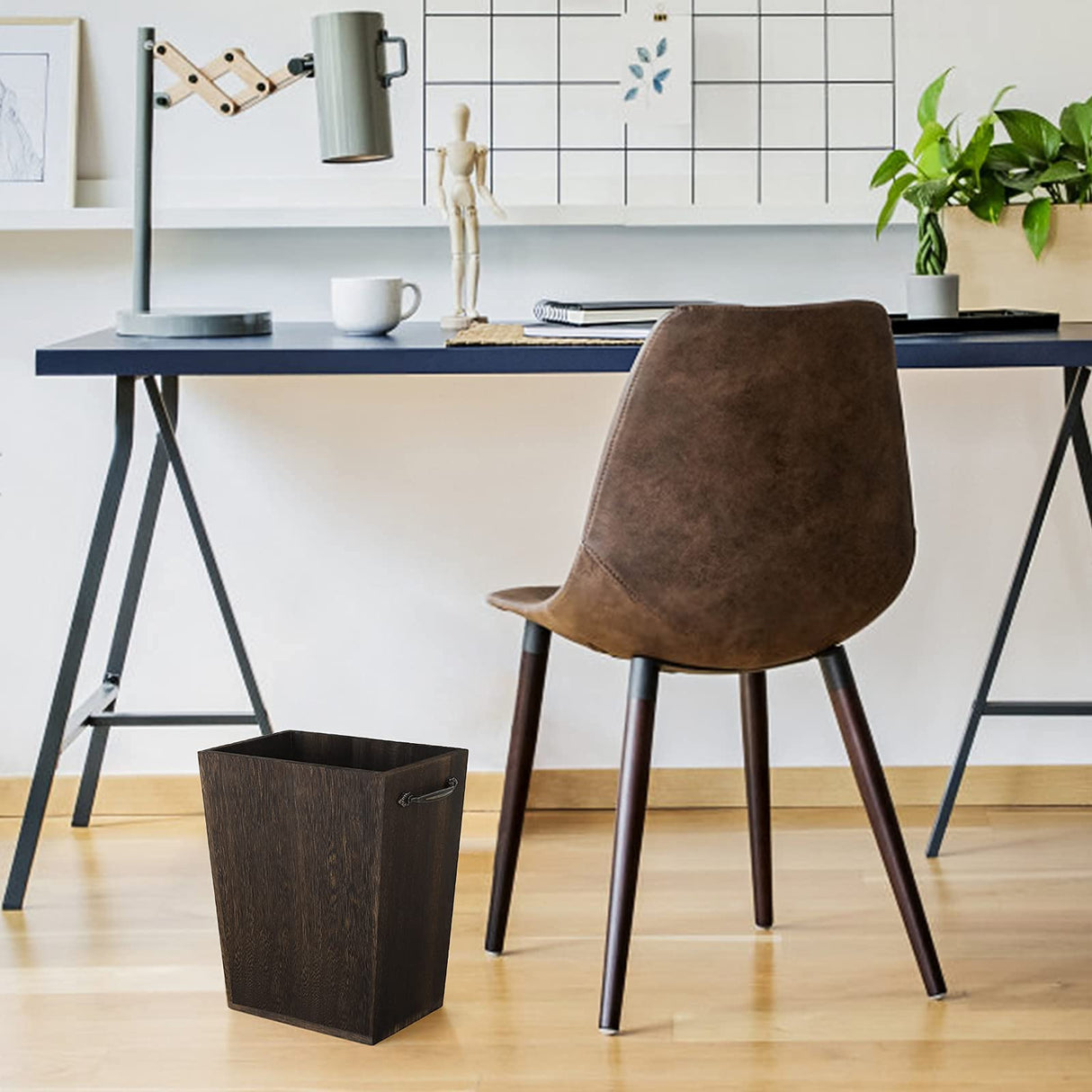 Trash Can Wastebasket Wood Garbage Container Bin with Built-in Double Metal Handles for Office, Bedroom, and Bathroom, Dark Brown OYEAL