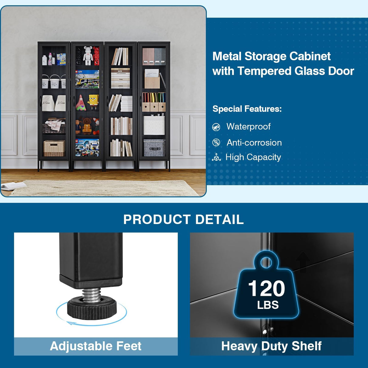 PEUKC Display Storage Cabinet with Glass Doors, 71 Inches Metal Curio Cabinets with 4 Adjustable Shelves, HD&Tempered Glass Cabinet Display Case for Home, Office, Pantry, Assemble Required (Black) PEUKC