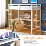 VINGLI Junior Loft Bed with Desk, Wood Loft Bed Twin Size with RGB LED for Adults, 2 Charging Station on High Guardrail and Desk,Wood Slat Support, White VINGLI