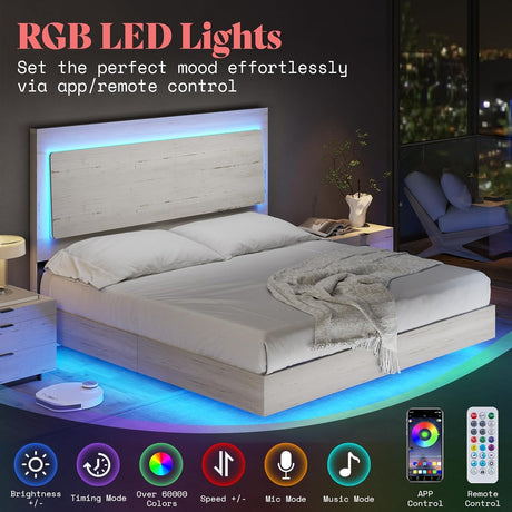 AMERLIFE Distressed White Floating Queen Bed Frame with Reclining Headboard and RGB LED Lighting AMERLIFE
