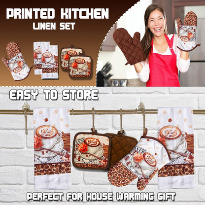 Lobyn Value Packs: 5-Piece Café Latte Kitchen Towel Set – Quilted Oven Mitt & 2 Potholders, Perfect for Coffee Lovers