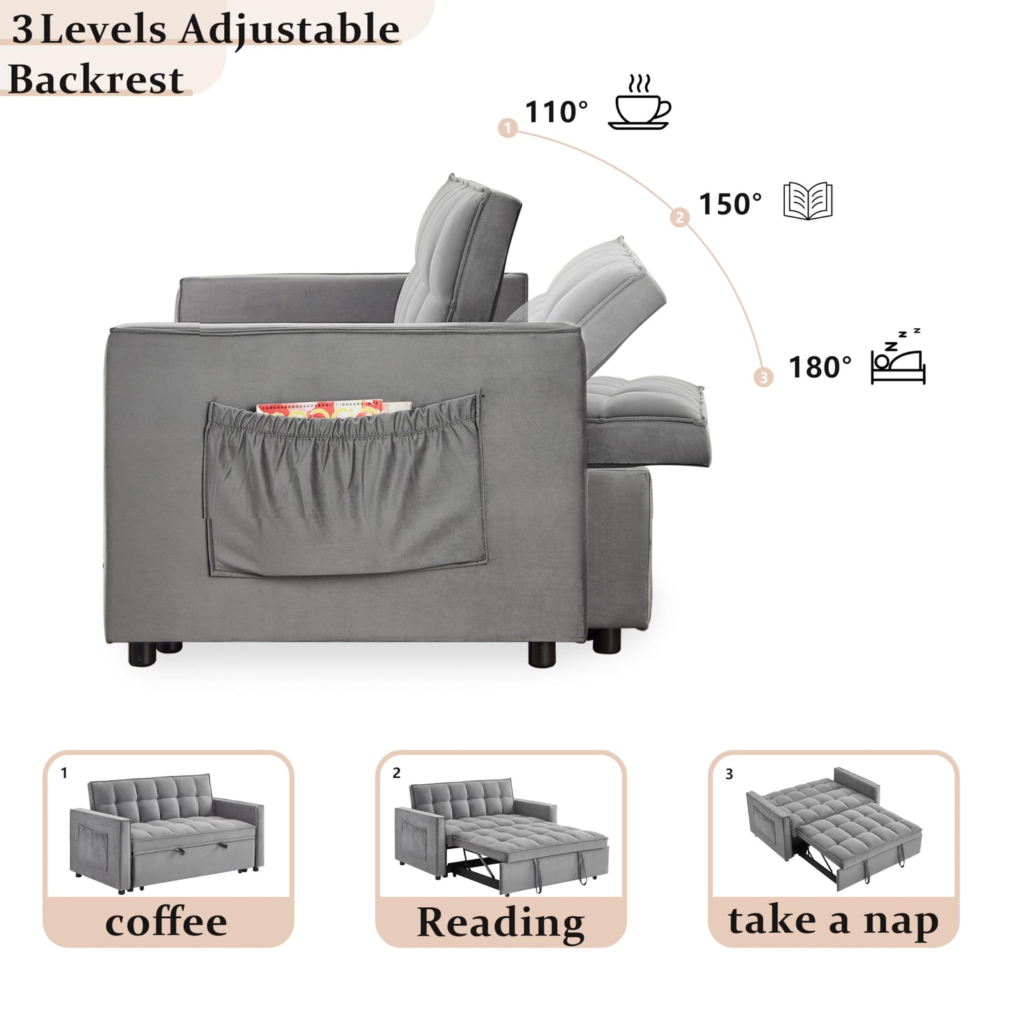 Gexpusm Pull Out Futon Sofa Bed, 55.3'' Convertible Loveseat Sleeper, 3-in-1, Velvet, Grey