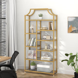 Loomie 8-Open Shelf Bookshelf, 70.87" H x 31.5" L Lux Etagere, Tempered Glass Bookcase, Tall Storage Display Modern Open Book Case for Bedroom, Home Office & Living Room, Gold Finish & Glass Shelving Loomie