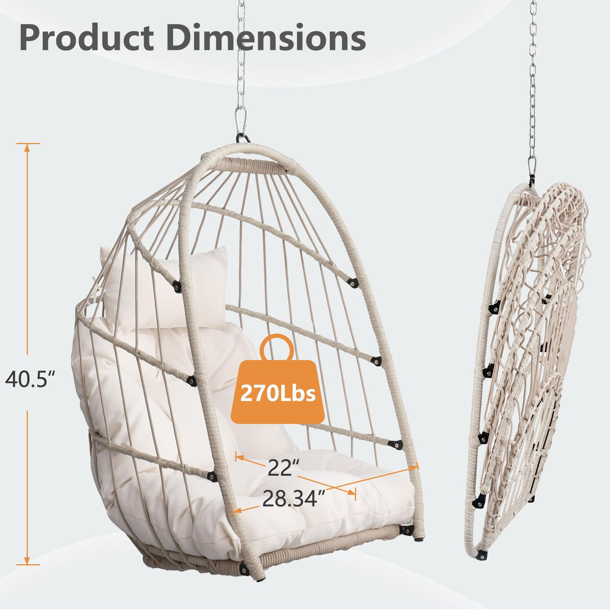 Hanging Egg Chair Without Stand, HDPE Rattan Foldable Swing Chair with Aluminum Frame & UV Resistant Cushion, Hammock Egg Basket for Indoor Outdoor Bedroom Garden, 350Lbs Capacity (Cream White) DAIJIA CHINA