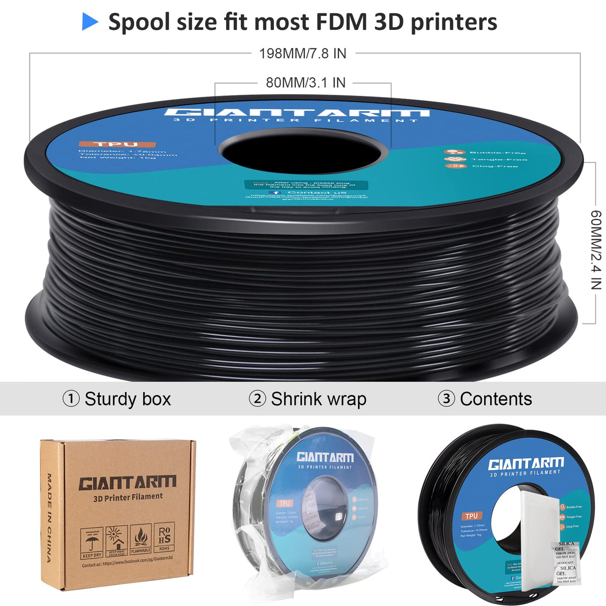 GIANTARM TPU Filament 1.75mm Flexible Soft 3D Printer Consumables Black,95A 1kg Spool (2.2 lbs.), Dimensional Accuracy +/- 0.05 mm GIANTARM