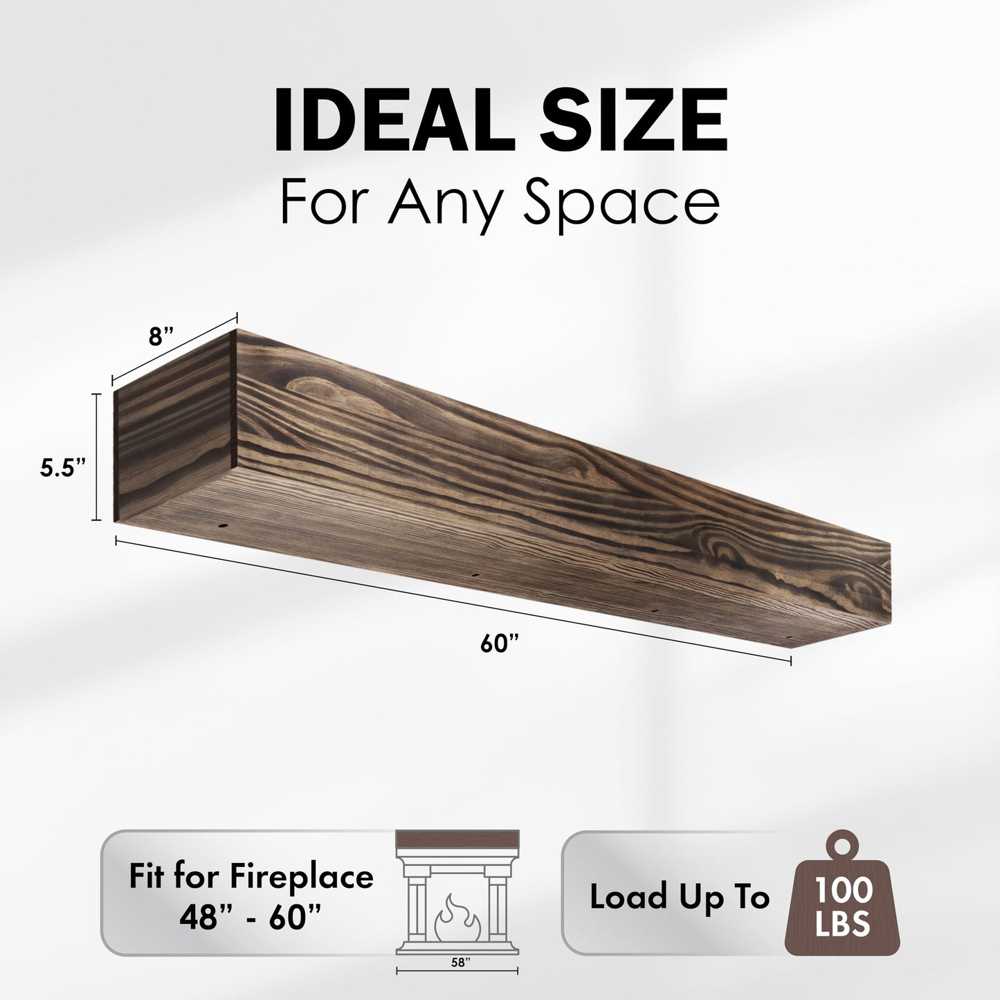 Howizz 60" Solid Pine Wood Fireplace Mantel Shelf - 5.5" Thick Wood Mantles for Over Fireplace - Invisible Heavy Duty Metal Bracket - 60 x 8 x 5.5 inches - Dark Brown