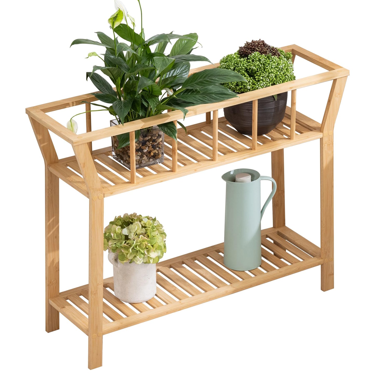 Nnewvante Plant Stand Indoor Bamboo Potted Plant Shelf Table 2 Tier Tall Window-sill Pot Organizer Holder, Sofa Side Entryway Table for Living Room 37.4"x11"