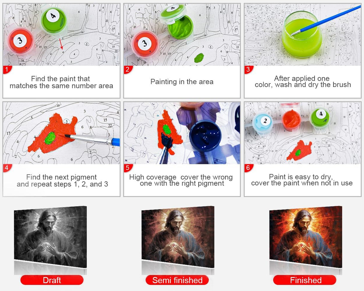 Jesus Paint by Numbers Kit for Adults, Jesus God DIY Paint by Numbers, Sacred Heart of The Lord Painting Acrylic Paint Crafts for Home Decoration 16x20 Inch Rebotipy