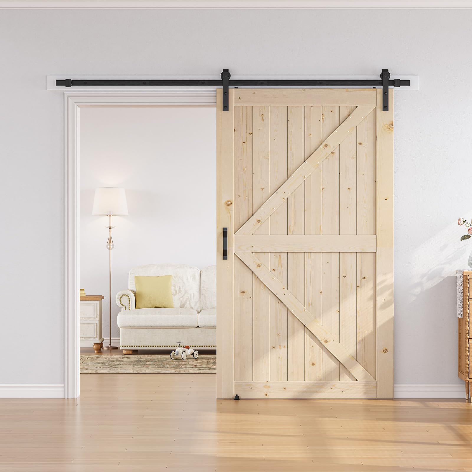 SMARTSTANDARD 48in x 84in Sliding Barn Door with 8ft Barn Door Hardware Kit & Handle, Pre-Drilled Ready to Assemble, DIY Unfinished Solid Spruce Wood - WoodArtSupply