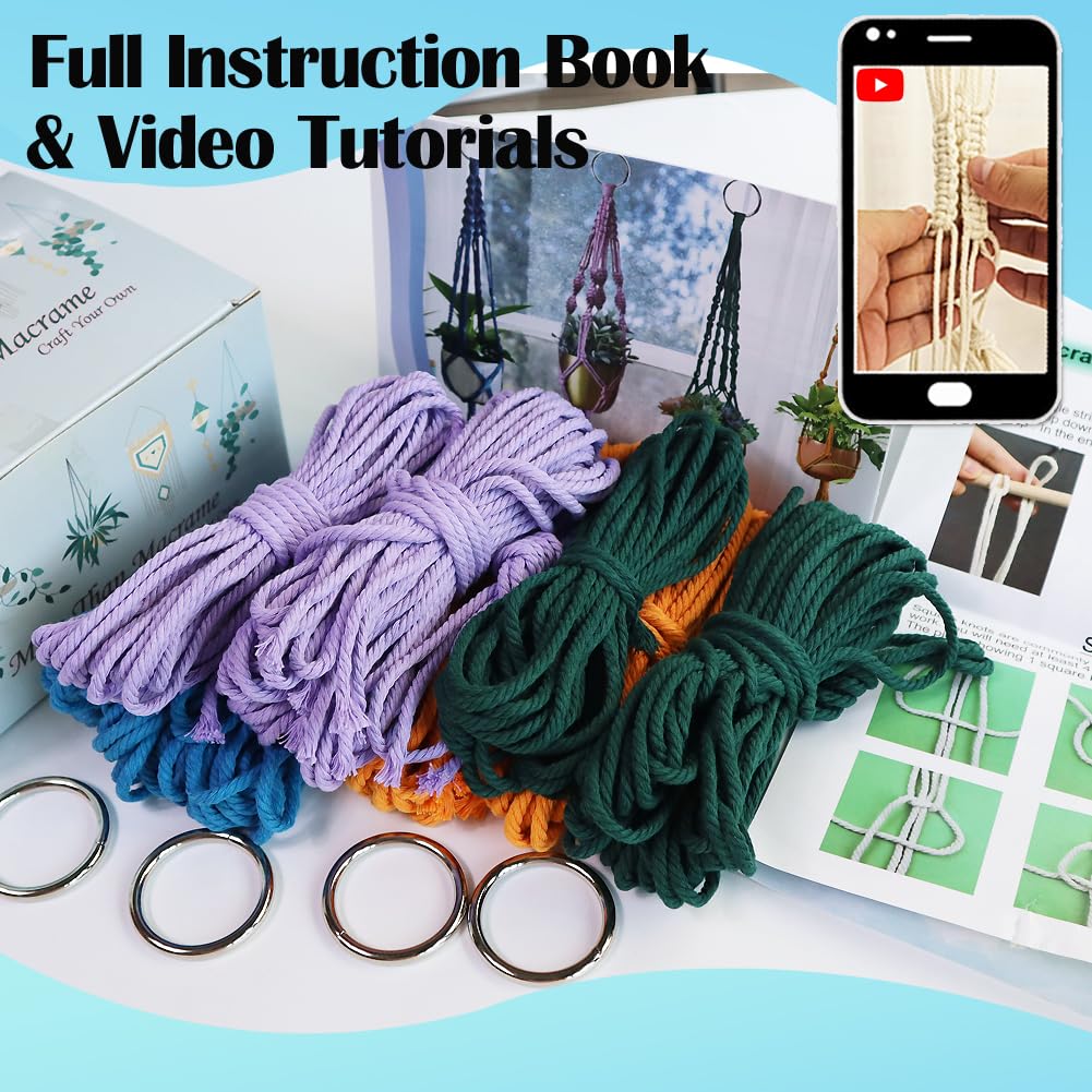 Ewparts Macrame Plant Hanger Kit with Instruction Book Tutorials Metal Rings 4mm Macrame Cord Green/Purple/Orange/Blue Pre-Cutted for Making 4 Macrame Plant Hangers Macrame Kit for Adults Beginners Ewparts