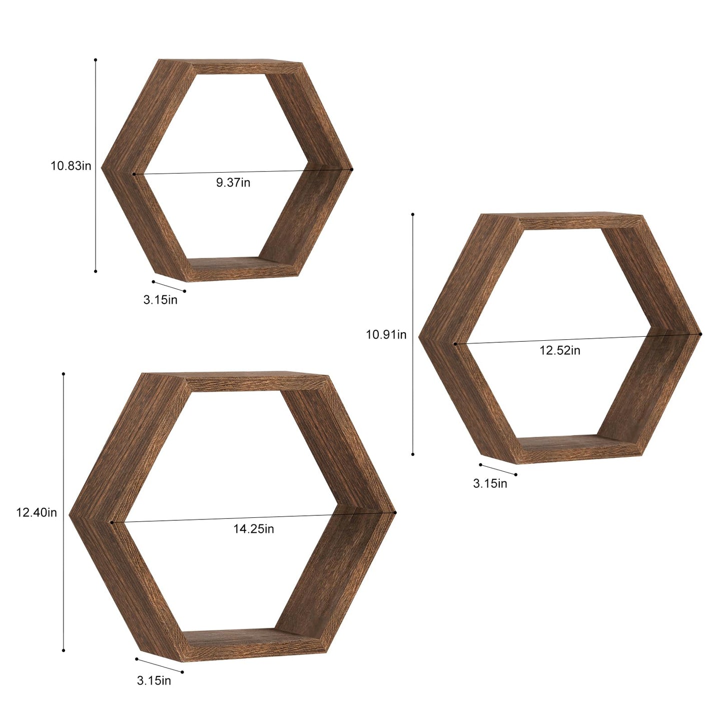 Hexagon Floating Shelves Set of 6 Farmhouse Honeycomb Wall Storage Shelf Wood Display Hexagonal Shelves Wall Mounted Hanging Rustic Shelf Racks for Bedroom Living Room Hallway Office Decor, Brown