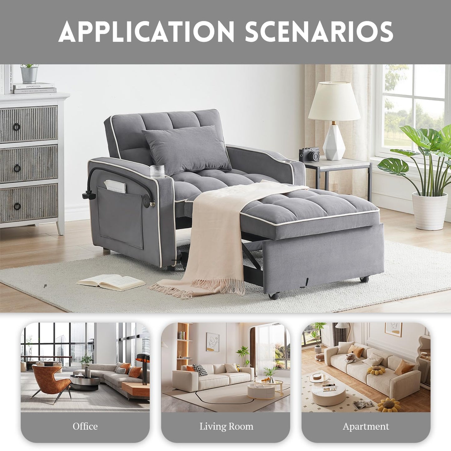 3 in 1 Sleeper Sofa Chair Bed,Velvet Convertible Sleeper Chair Bed,Pull Out Bed Chair With USB Port & Ashtray and Swivel Phone Stand & Storage Pockets,Modern Chair Sleeper Bed for Living Room