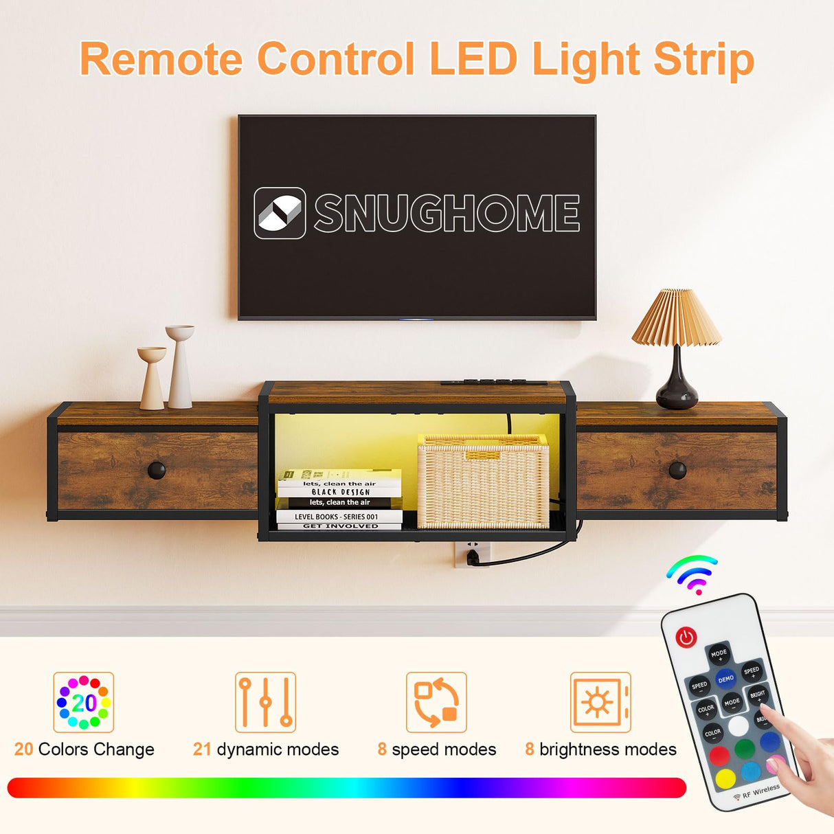 Snughome Floating TV Stand with Power Outlet 55", Wall Mounted Entertainment Center with LED Lights, Floating TV Shelf with Drawer, Wall Mounted Media Console Shelf for Living Room, Bedroom Snughome