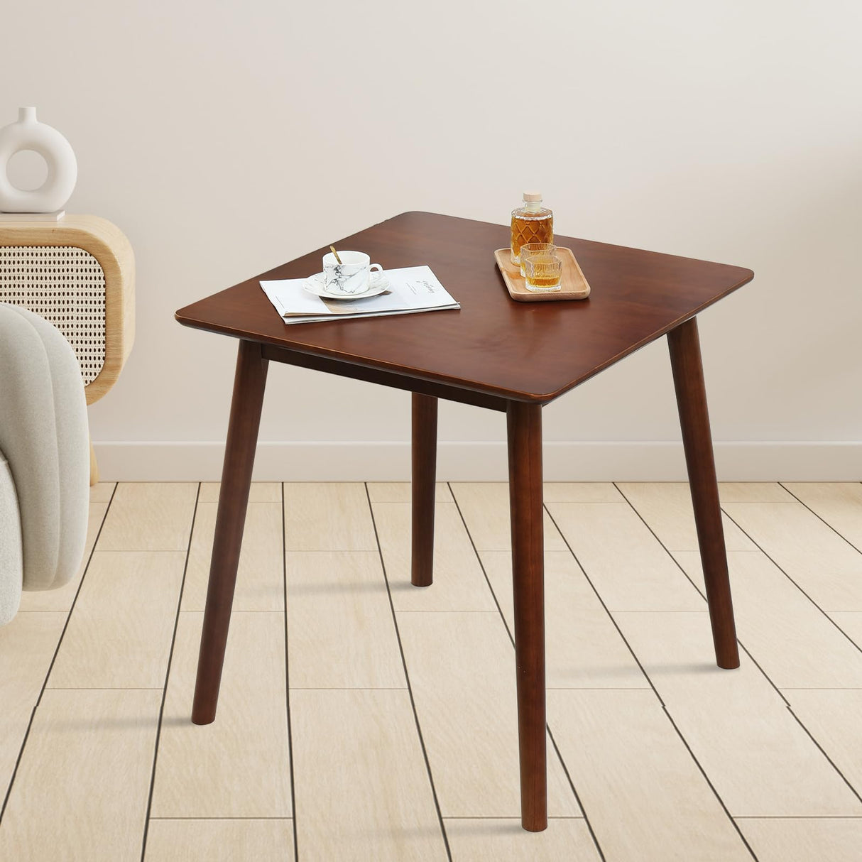 OGMILL 27.6" Small Dining Table Square for 2, Kitchen Dinner Table Rustic Space-Saving Dining Table Mid Century Modern Table with Solid Wood Leg for Small Spaces (Walnut) OGMILL