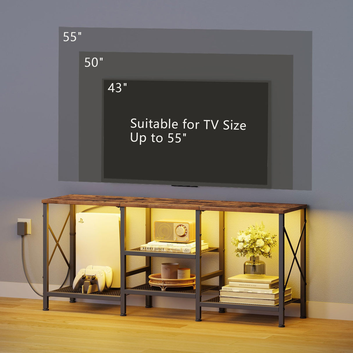 JARHETUN TV Stand with LED Lights for 55 Inch TV, Entertainment Center with 3-Tier Open Shelves, TV Console Table for Living Room, Bedroom, Rustic Brown JARHETUN