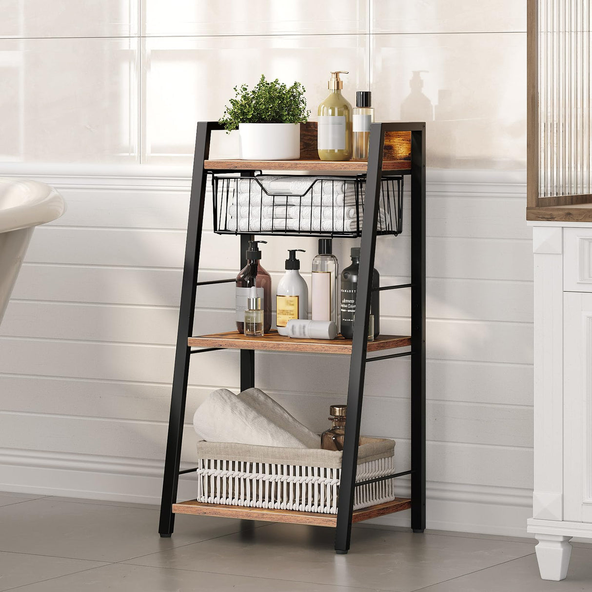 HOOBRO 3-Tier Ladder Shelf, Floor Standing Bookshelf, Storage Shelf with Drawer, Bookcase, Corner Bookshelf, Space Saver, for Bathroom, Living Room, Study, Office, Rustic Brown and Black BF09CJ01 HOOBRO