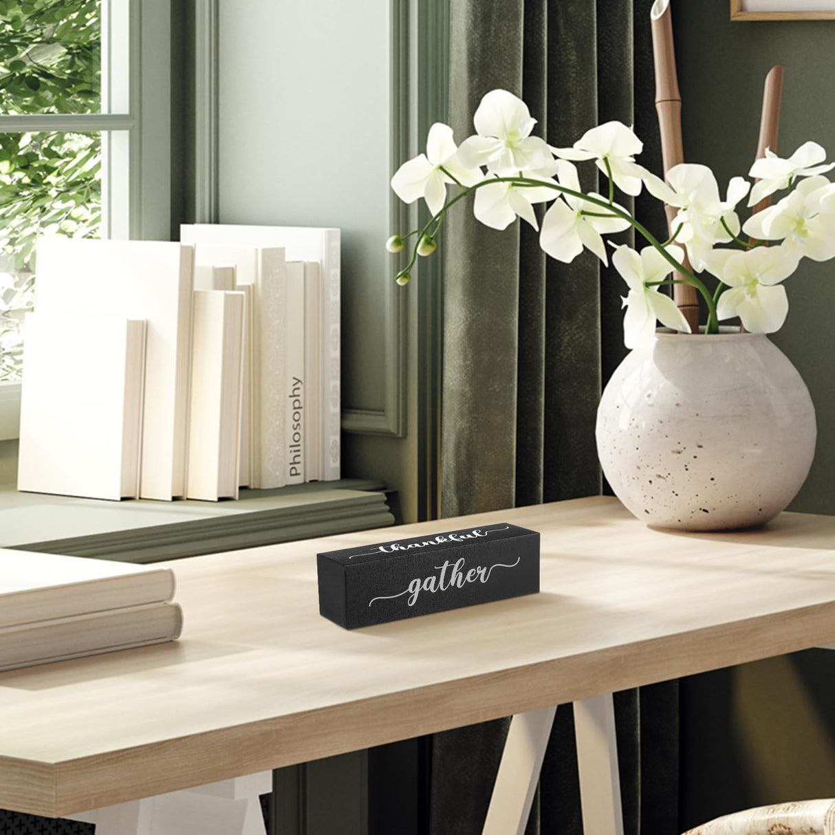 Jetec Four Sided Inspirational Block Sign Rustic Wooden Blessed Gather Thankful Grateful Sign Tabletop Block Decor for Office Home Farmhouse Tabletop, Bookshelf, Tiered Tray Decor (Black) Jetec