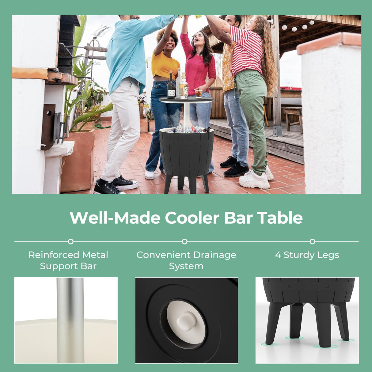 CHEFJOY 10 Gallon Cooler Table, Cool Bar Table with Height Adjustable Tabletop & Drainage Plug, 3-in-1 Cocktail Drinks & Wine, Outdoor Cooler Side Table for Backyard, Party, Poolside (Black) CHEFJOY