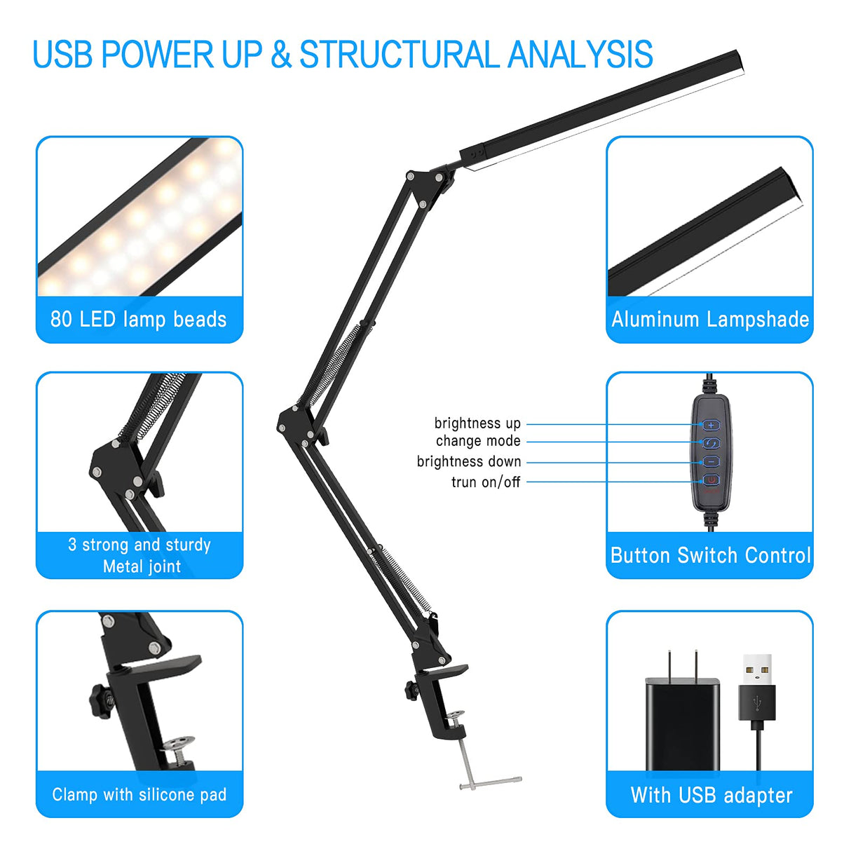 TROPICALTREE LED Desk Lamp, Swing Arm Desk Light with Clamp, 3 Lighting 10 Brightness Eye-Caring Modes, Reading Desk Lamps for Home Office 360°Spin with USB Adapter & Memory Function black-14W TROPICALTREE