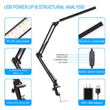TROPICALTREE LED Desk Lamp, Swing Arm Desk Light with Clamp, 3 Lighting 10 Brightness Eye-Caring Modes, Reading Desk Lamps for Home Office 360°Spin with USB Adapter & Memory Function black-14W TROPICALTREE
