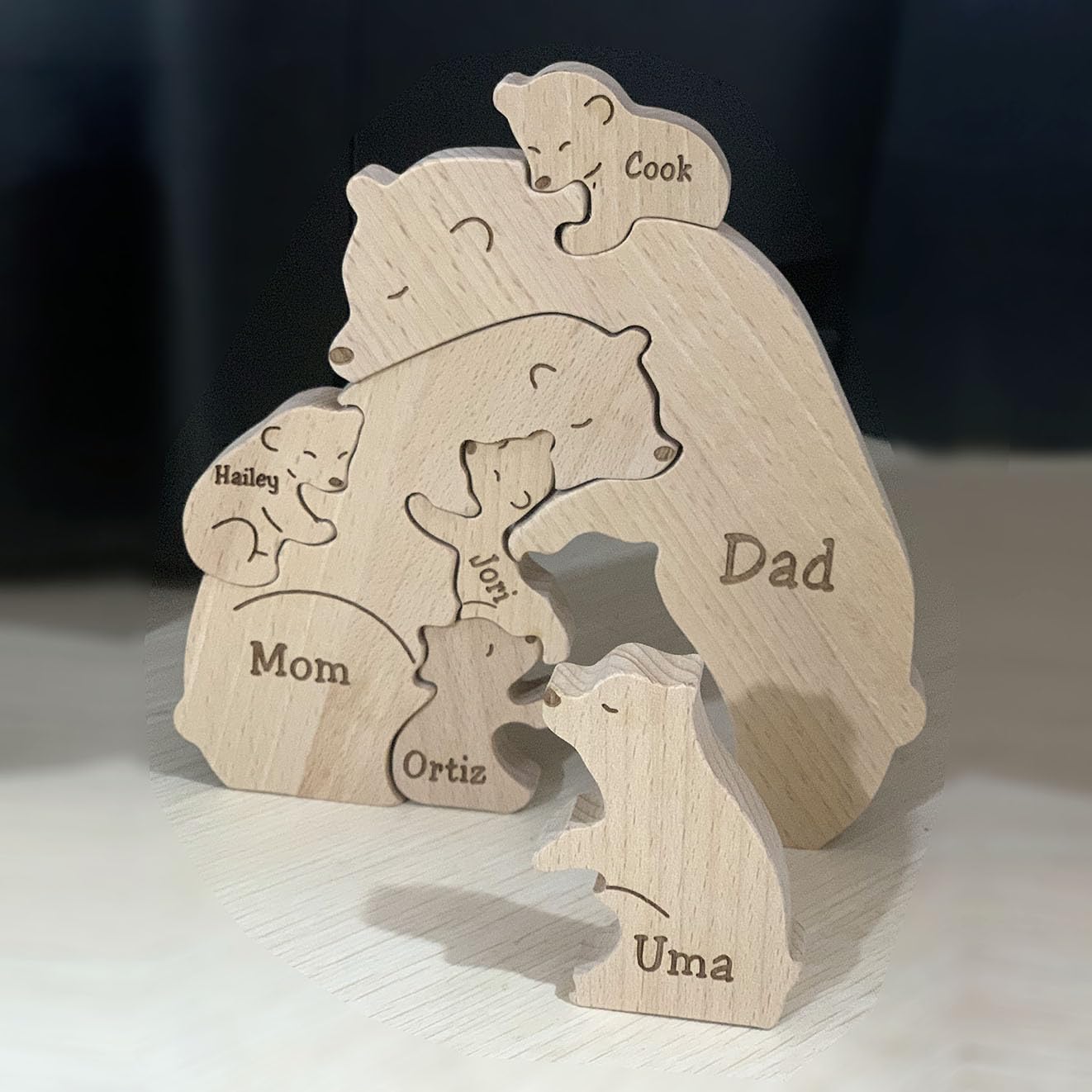 Personalized Bear Family Names Puzzle (2-5 Names), Custom Wooden Bear Sculpture Decorative Gifts for Mom and Dad, Family Puzzle for Mother's Day, Father's Day, Birthday, Wedding, Anniversary - WoodArtSupply