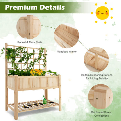 Giantex Wood Planter with Trellis, Standing Raised Garden Bed, Liner Storage Shelf, Elevated Plant Box Stand for Climbing Flower Vegetable Herb, Indoor Outdoor Patio Lawn Balcony