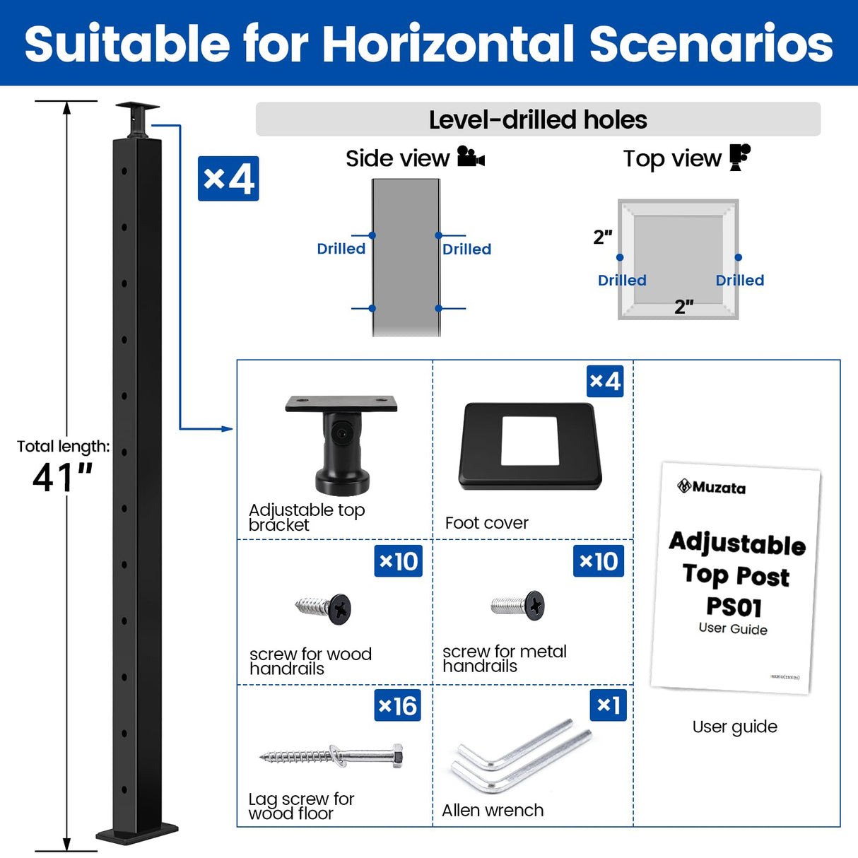 Muzata 4Pack Black Cable Railing Post 42 Inch 42"x2"x2" Level Drilled Surface Mount T304 Stainless Steel Cable Railing System Kit Indoor Outdoor with Paper User Guide PS01 BH4L Muzata