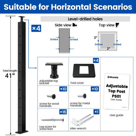 Muzata 4Pack Black Cable Railing Post 42 Inch 42"x2"x2" Level Drilled Surface Mount T304 Stainless Steel Cable Railing System Kit Indoor Outdoor with Paper User Guide PS01 BH4L Muzata