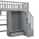Bellemave Twin Loft Bed with Desk, Wardrobe, and Storage Stairs in Grey Bellemave