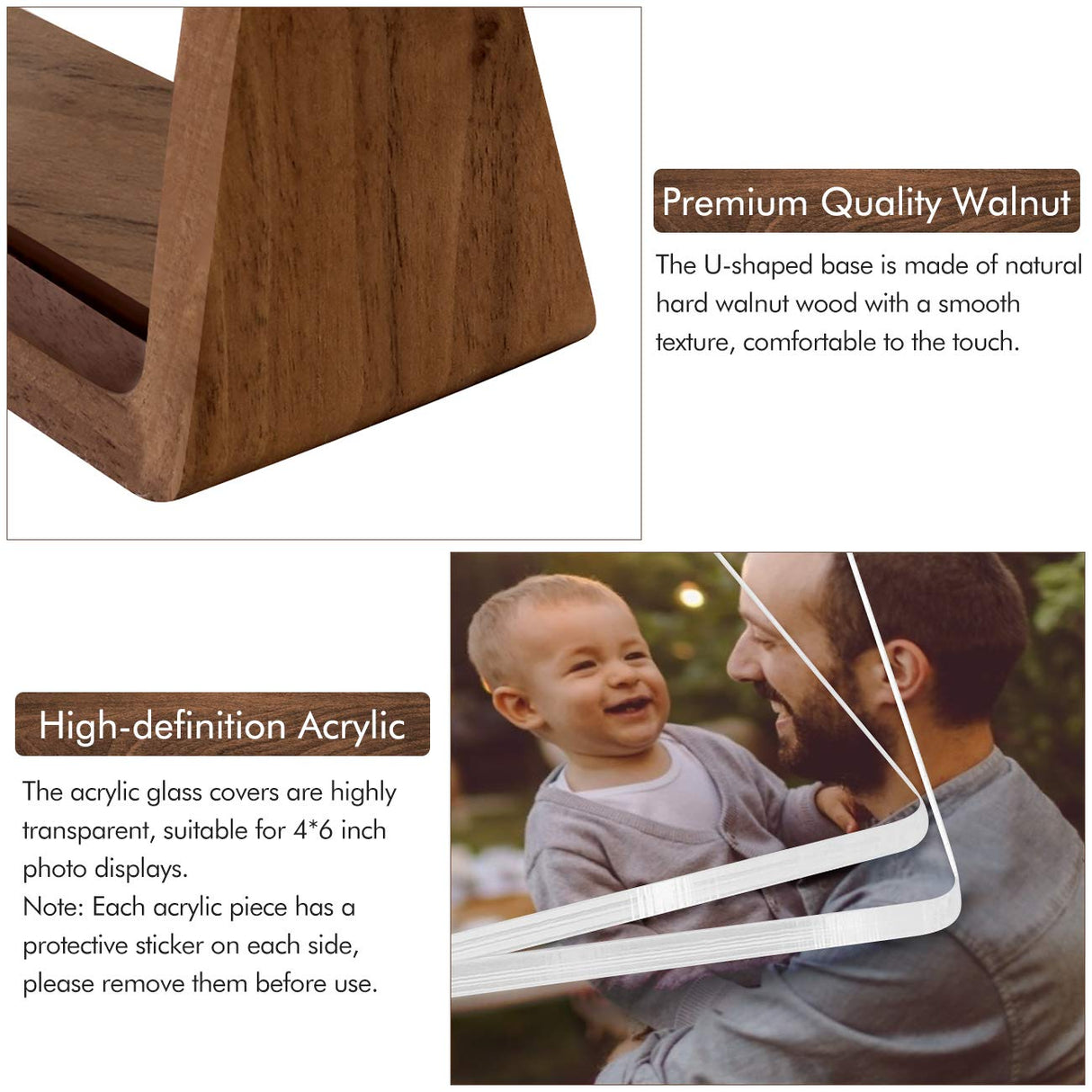 Mixoo Picture Frame 2 Pack - Rustic Wooden Photo Frames with Walnut Wood Base and High Definition Break Free Acrylic Glass Covers for Tabletop or Desktop Display (4x6 inch, Vertical + Vertical) Mixoo