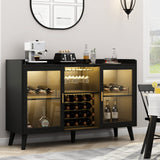 GYFIMOIE Modern Wine & Cocktail Cabinet with LED Light, Home Bar w Wine Rack and Glass Holder, Kitchen Buffet with Storage, Freestanding Liquor Cabinet (Black) Gyfimoie