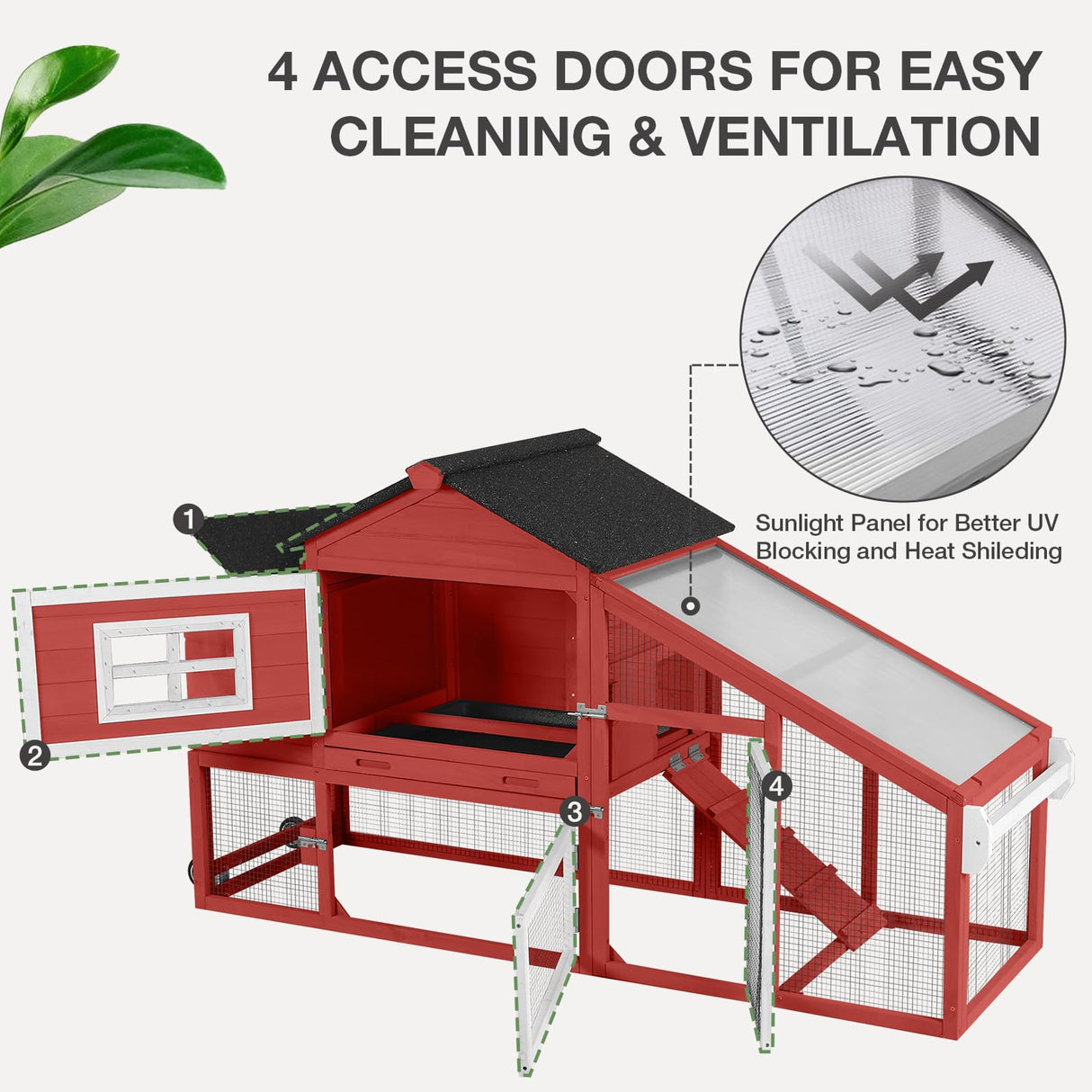 MEDEHOO Chicken Coop Expandable Chicken House for Outdoor with Wheels Nesting Box, Leakproof Pull-on Tray, and UV-Resistant Roof Panel - Red MEDEHOO