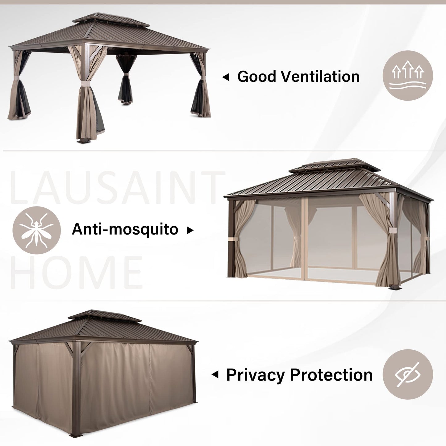 LAUSAINT HOME 12x16 ft Metal Gazebo with Curtains and Nettings for Patios, Waterproof Permanent Heavy Duty Metal Double Roof Pavilion with Brown Aluminum Frame for Lawn, Party