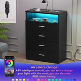 FJTJBSI Dresser with Power Outlets and LED Lights Wooden 4 Drawer Dresser with Large Organizer Tall Black Dresser for Bedroom Chest of Drawers Closet Modern Dresser for Living Room Kids Room FJTJBSI