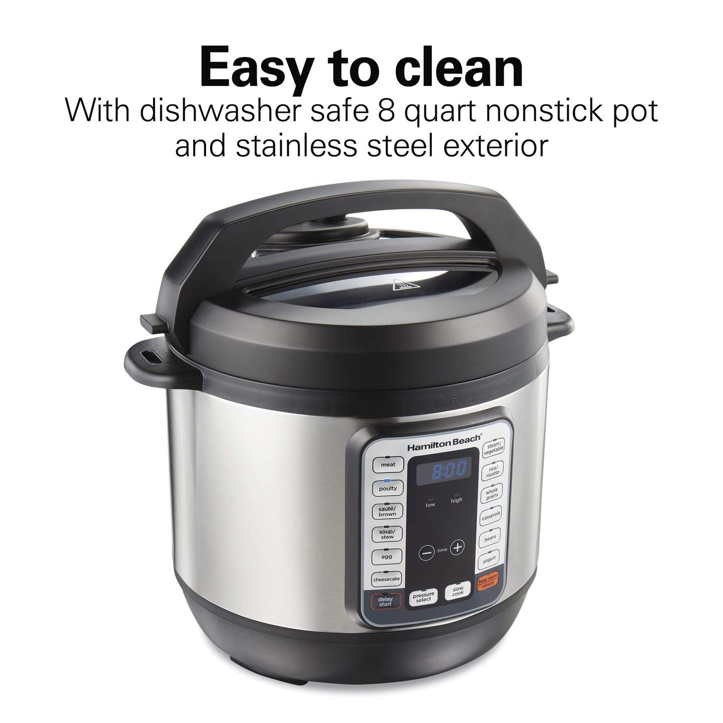 Hamilton Beach 12-in-1 Electric Pressure Cooker with True Slow Cook Technology, Sautés, Browns, Steams, Rice Function, Egg and More, 8 Quart Capacity, Stainless Steel (34508)