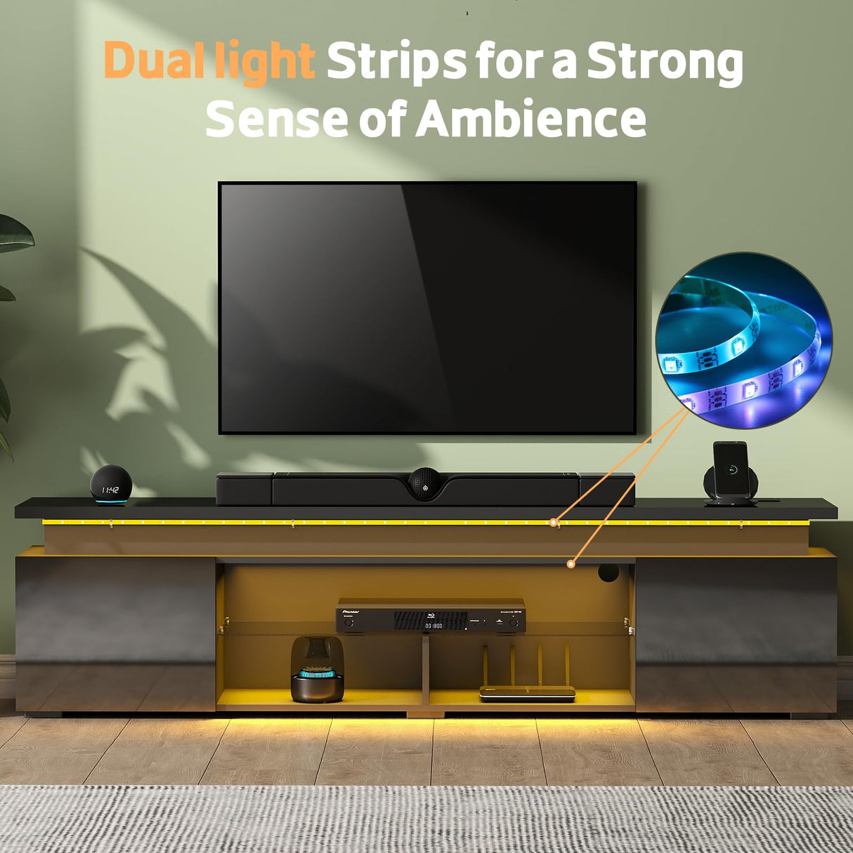 Lamtor TV-Stand with Power Outlet - TV Stand for up to 85 inch Televisions- Entertainment Center with Dynamic LED Lights & High Gloss, Modern TV Console with Storage Cabinets for Living Room, Black Lamtor