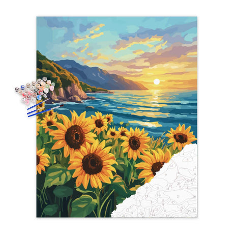 Sunflowers Paint by Number, Sunflower Ocean Paint by Numbers Kit for Adult, Sea at Sunset Poster Wall Art, Mountain DIY Acrylic Painting, Flowers Home Living Room Wall Decor(16x20inch, No Frame) zouewit