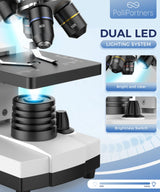 PalliPartners Compound Microscope for Adults & Kids - 100X-2000X High-Power Biological Microscope for Students, School Lab & Home Education, with Slides Set & Phone Adapter (White) PalliPartners