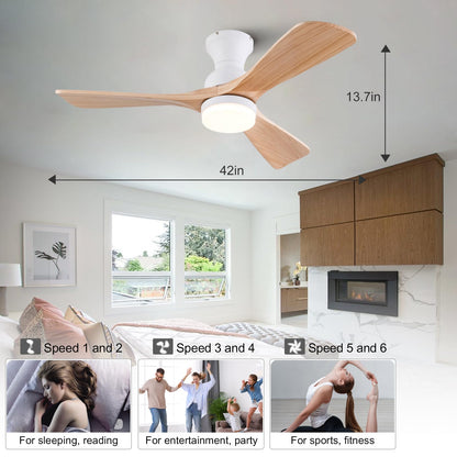 XBIBI 42 Inch Low Profile Ceiling Fan with Light and Remote, 6 Speeds DC Motor Flush Mount Ceiling Fan, 3 Color Temperatures Wood Hugger Ceiling Fans with Lights, Indoor Outdoor Ceiling Fans - WoodArtSupply