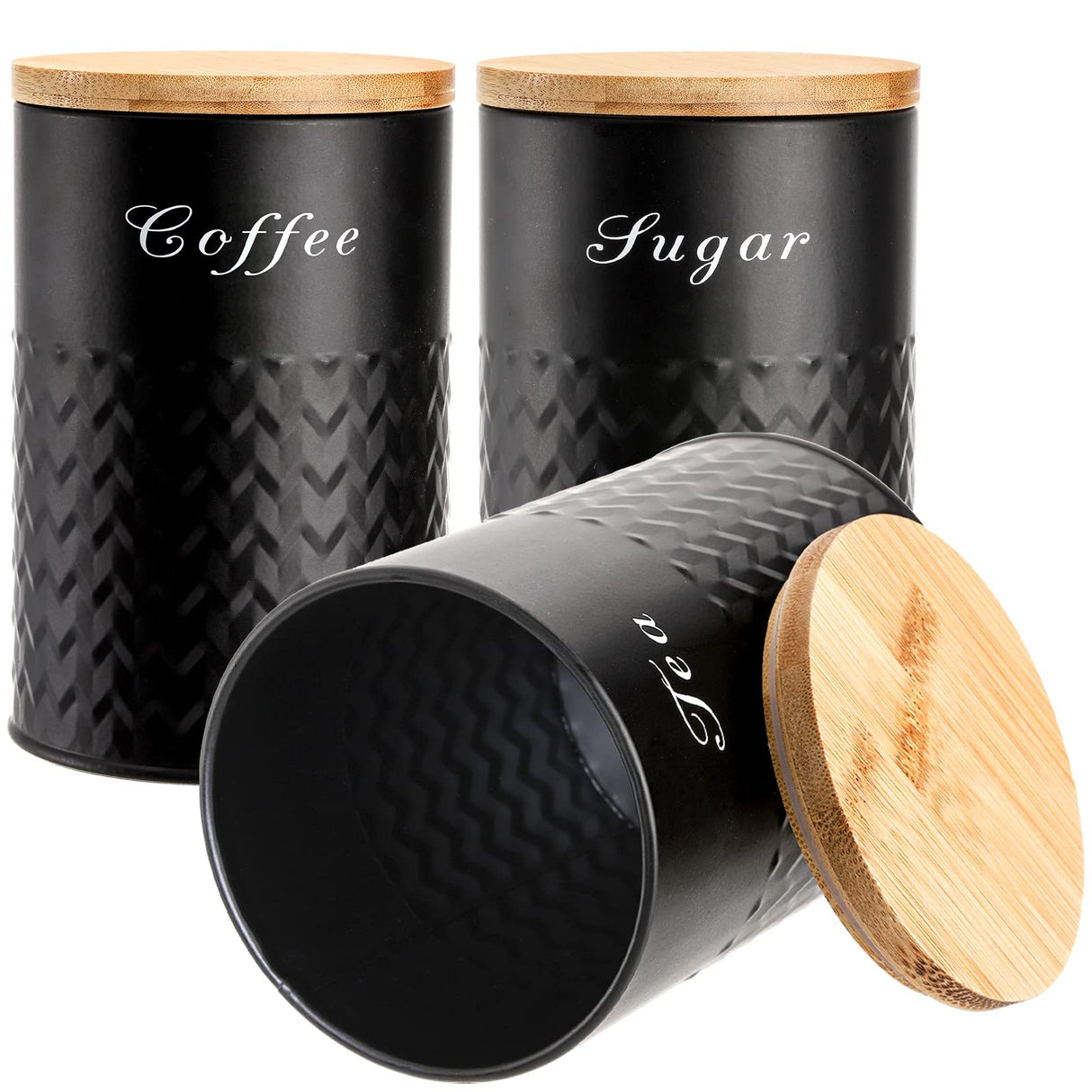 Bekith 3 Pack Kitchen Canisters with Bamboo Lids, Airtight Metal Canister Set, Food Storage Containers Jars for Coffee, Sugar, Tea, Flour, Rustic Farmhouse Kitchen Decor Containers, Black Bekith